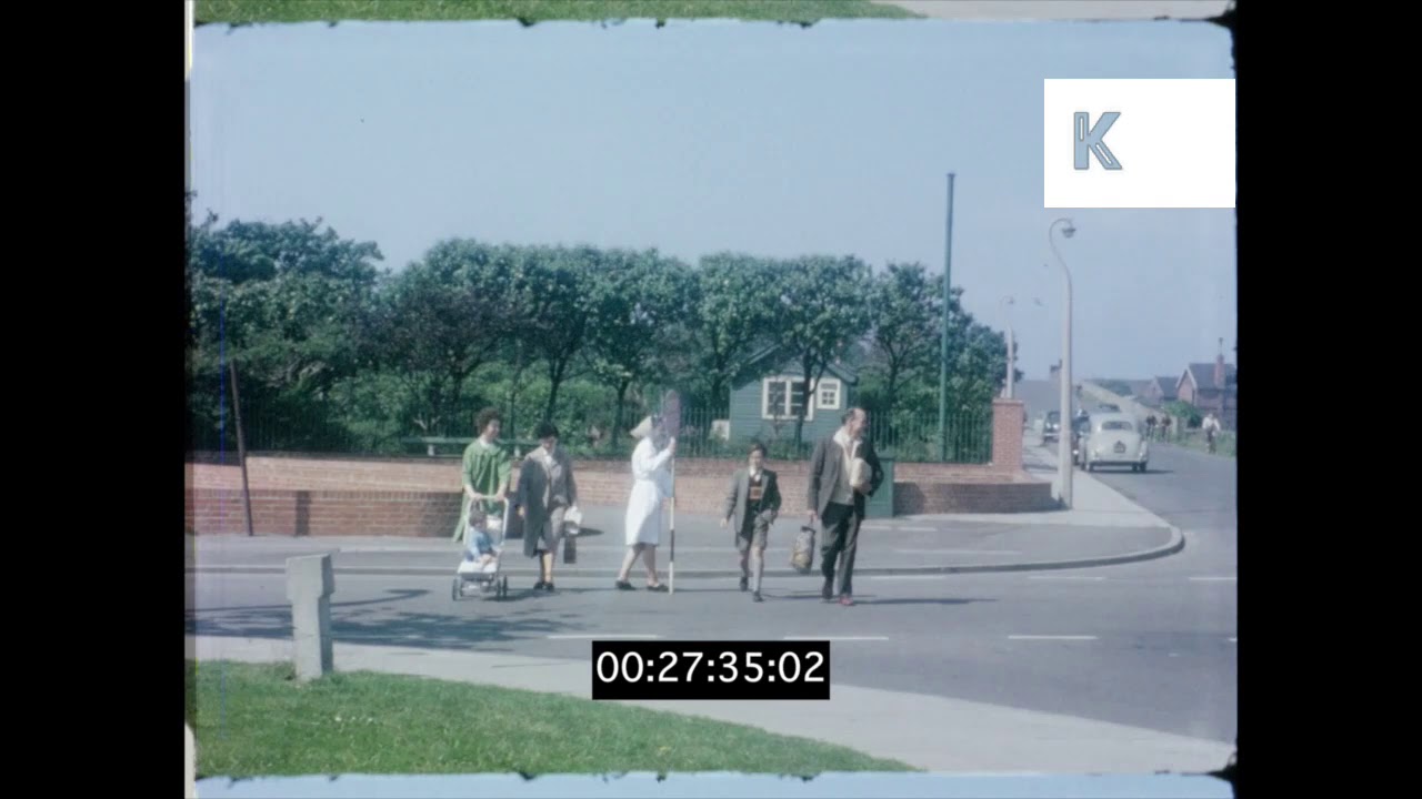 1960s UK, Lollipop Lady at Road Crossing, Redcar, Home Movies