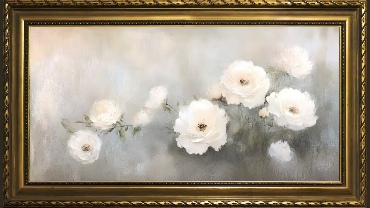 Misty White Roses, Vintage Impressionist Oil Painting | Gold Framed Art Screensaver for TV