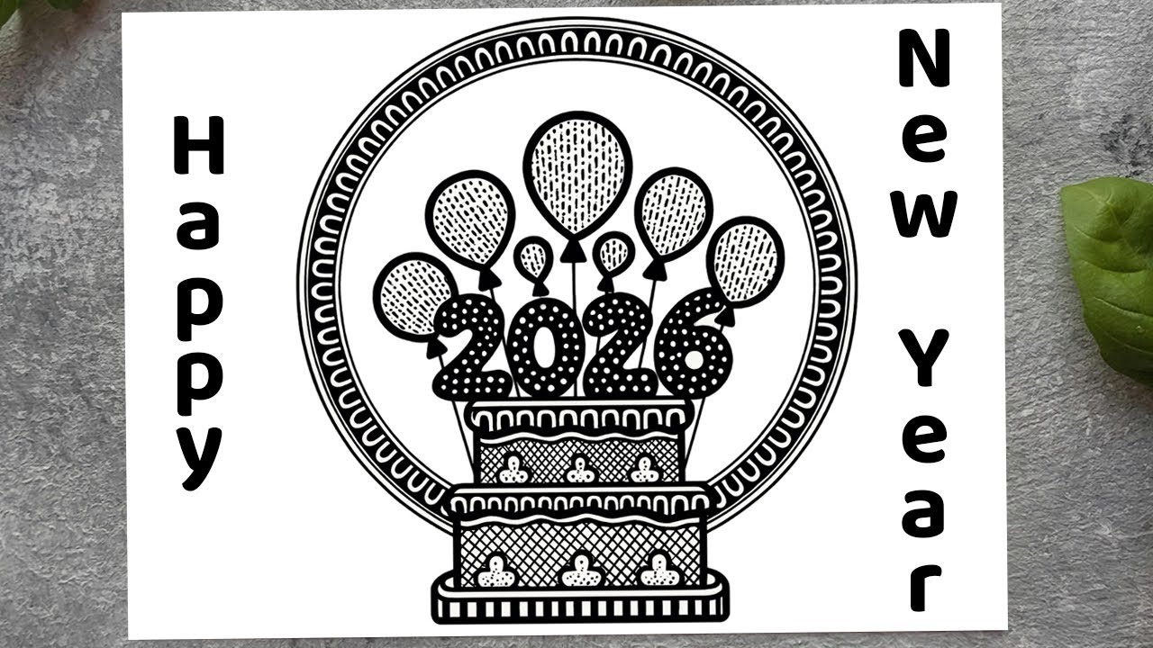 Happy New Year 2026 Drawing 🎂 | New Year Cake Sketch with Balloons | Easy Chitra Art