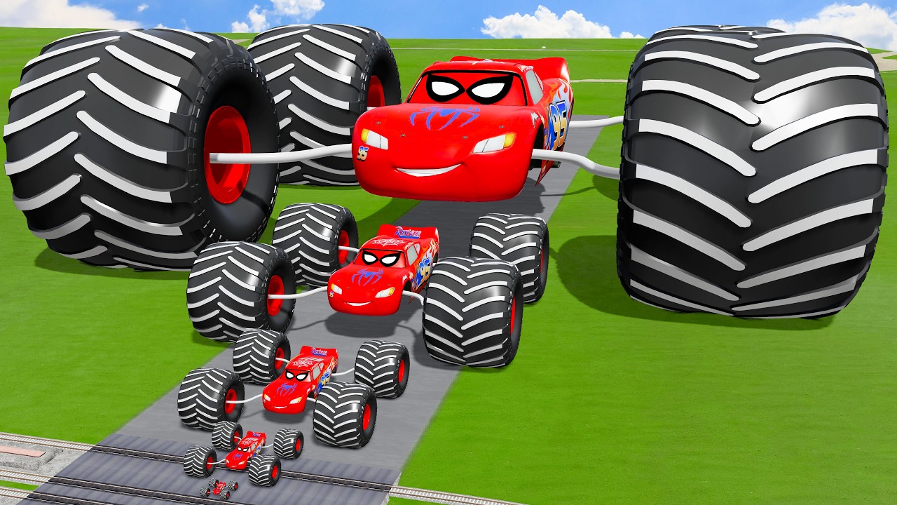 Big & Small Spiderman McQueen with Monster wheels VS Train | BeamNG.drive