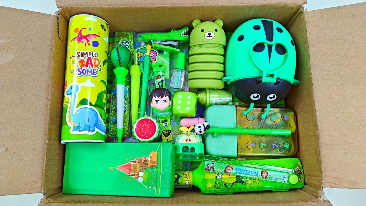 Unboxing Cute Green Stationery Collection, Password Pencil Box, mechanical pencil, sharpener, toys