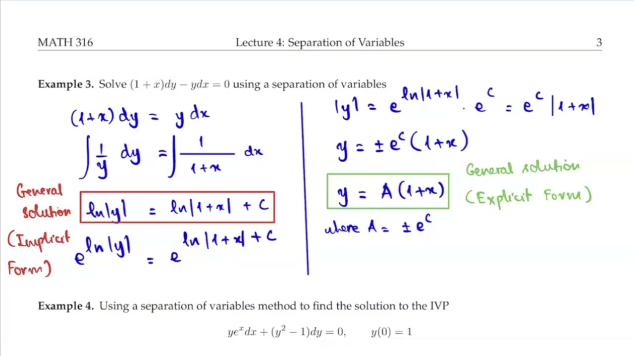 L4: Separation of Variables - MATH 316: ODEs