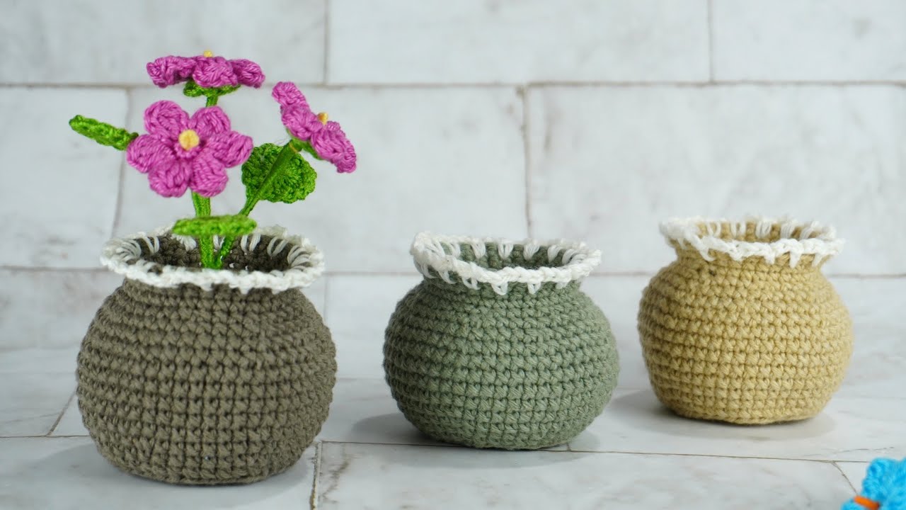 MINI FLORERO MACETA TEJIDO A CROCHET CON LA BASE INCORPORADA