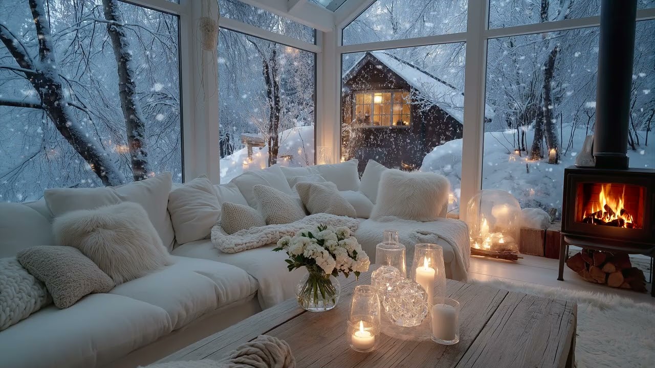 🎹🔥 4 HOURS Serene Winter Piano Lounge | Snow Outside & Cozy Fire | Focus Study Relax Meditation