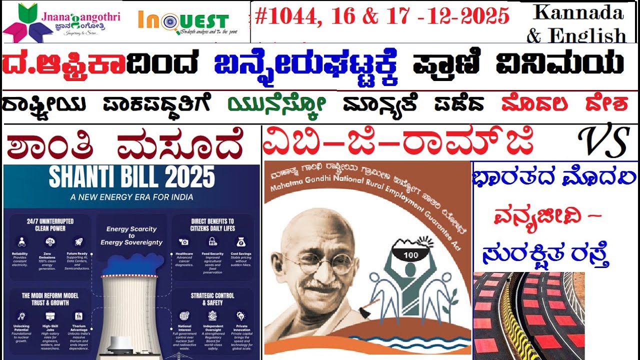 #CA1044|MGನರೇಗಾ vs ರಾಮ್ ಜಿ|ಶಾಂತಿಮಸೂದೆ|ಪಾಕಪದ್ಧತಿಗೆ UNESCO ಮಾನ್ಯತೆ 1stದೇಶ|1st ವನ್ಯಜೀವಿ-ಸುರಕ್ಷಿತ ರಸ್ತೆ