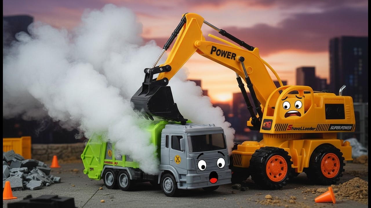 Smoke! Broken Garbage Truck Rescue Mission - Excavator Dump Truck Toy Cars Car for Kids