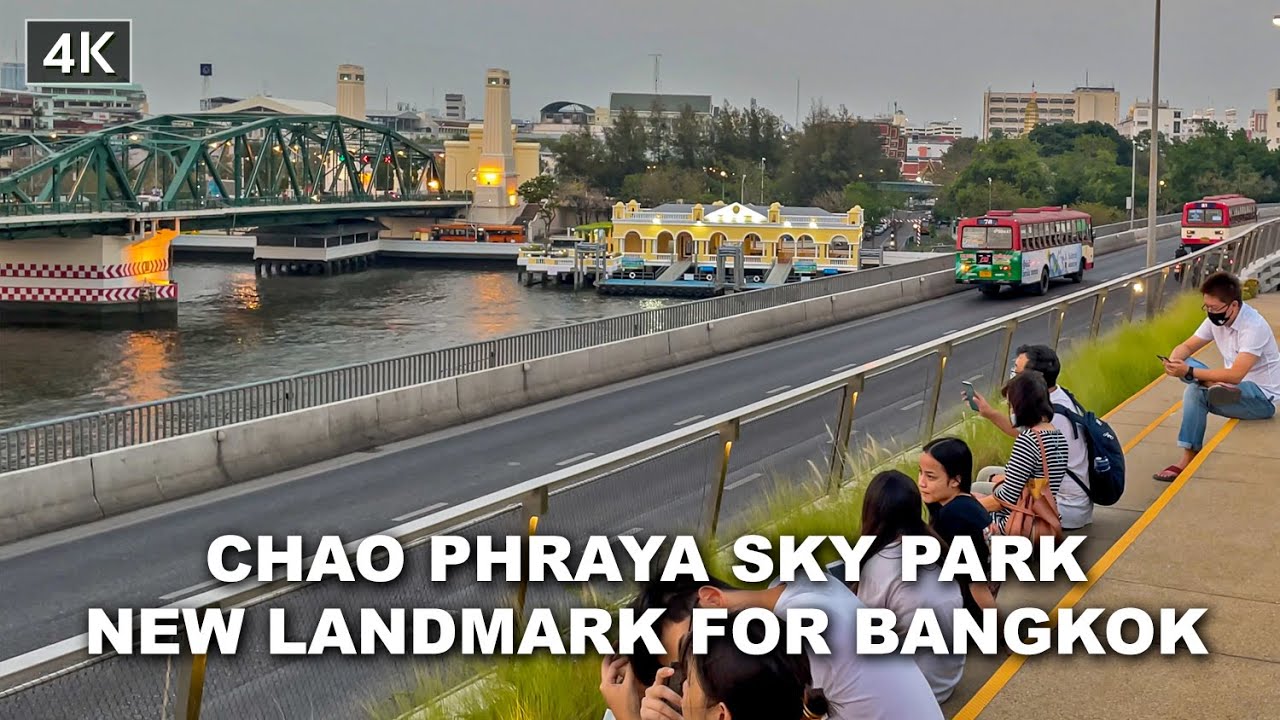 【4K】Walking around Chao Phraya Sky Park Bangkok on sunset March, 2021