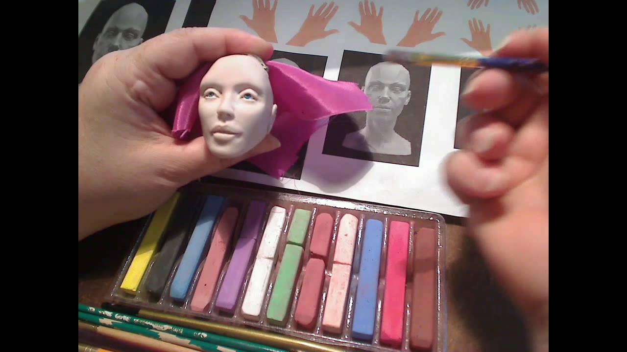 Blushing a Polymer clay head Part 1 with artist pigment chalks by LindaE