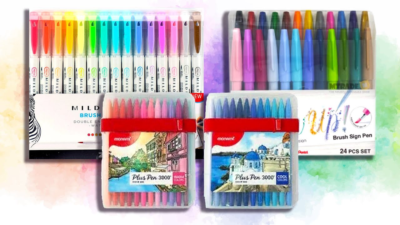 Plumones punta pincel populares - Monami Plus Pen 3000, Pentel Brush Sign Pen y Mildliners Brush Pen