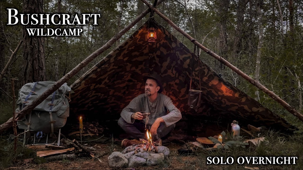 Solo Overnight Bushcraft Camp / Open Zeltbahn Shelter, Vintage Gear, Campfire Cooking, ASMR