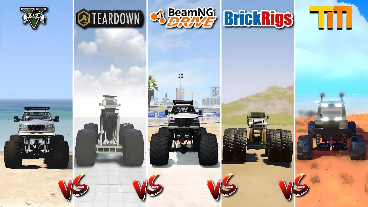 MONSTER MAX TRUCK in GTA 5 vs TRAILMAKERS vs TEARDOWN vs BEAMNG DRIVE vs BRICK RIGS - WHICH IS BEST?