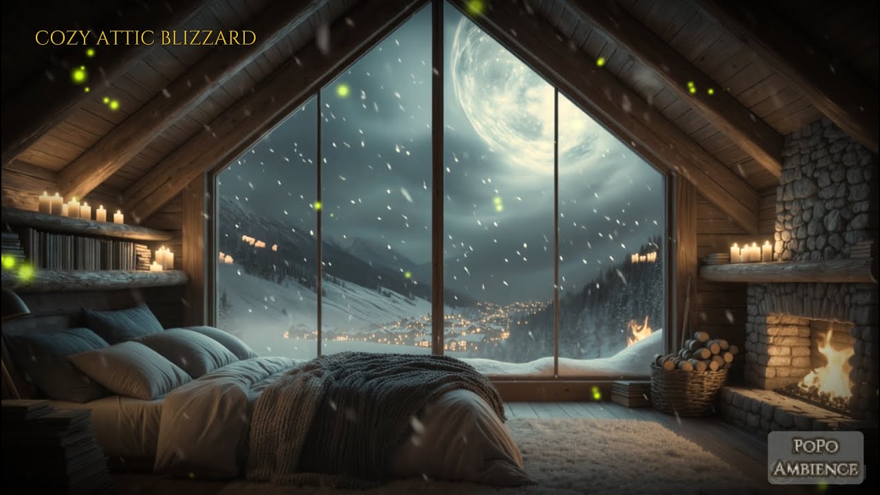 [1 HOUR+] Cozy Attic Blizzard & Crackling Fireplace Sounds for Deep Sleep (No Music)