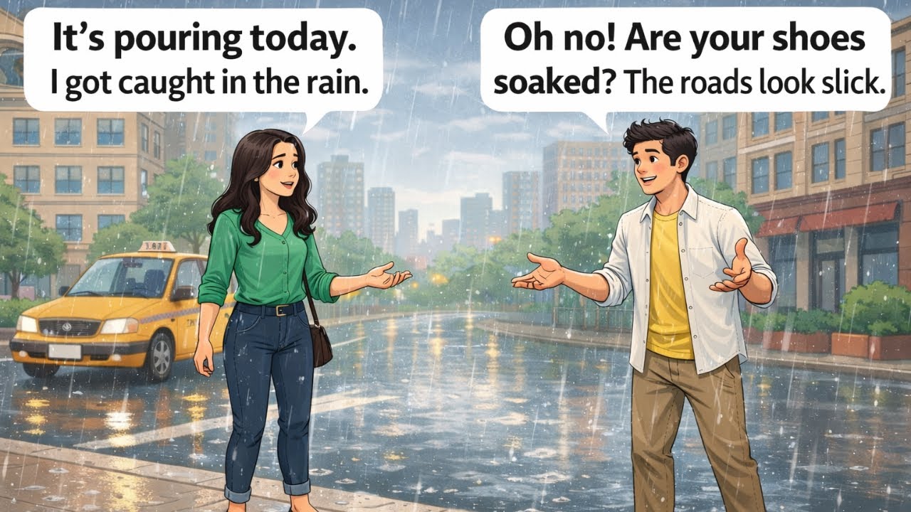 Rainy Day English Conversation (A2–B1) | English Practice in Real Life | Daily Life Speaking