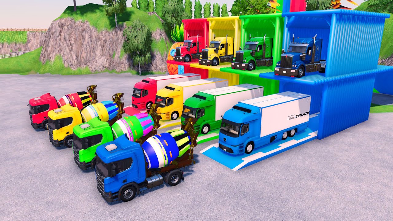 Garage with Colors - ALL MIXER TRUCK MERCEDES BENZ WITH DOUBLE FLATBED TRAILER TRUCK MAN - FS22