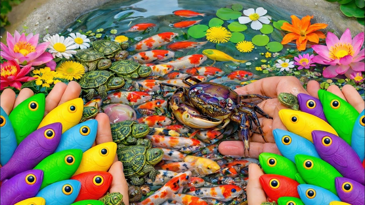 Catch Baby Aquarium Fish in Small Pond – Koi, Goldfish, Puffer Fish & Snails | Relaxing Pond Fishing