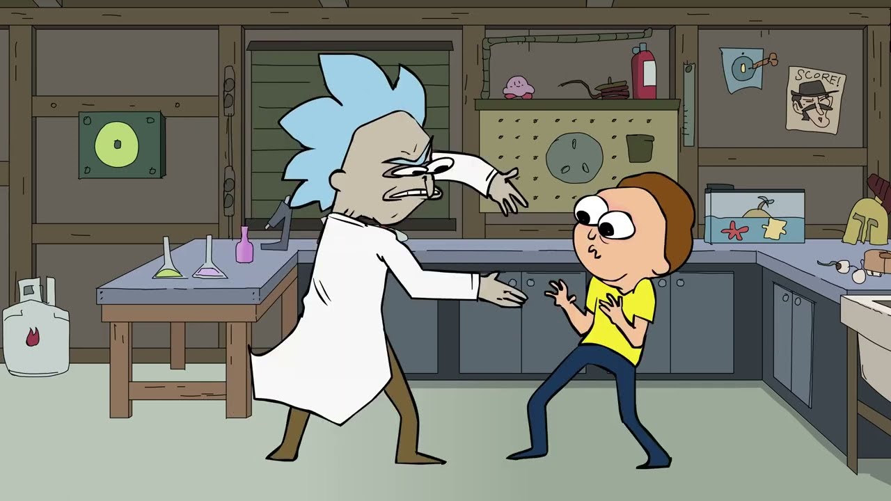 Morty i'm bored i'm gonna kill you, but Rick keep slapping