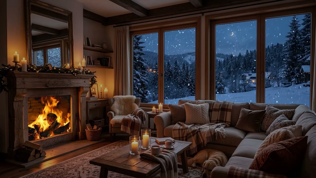Quiet Winter Cabin 🏡 Fireplace Glow While Gentle Snow ❄️ Falls Beyond Frozen Pines