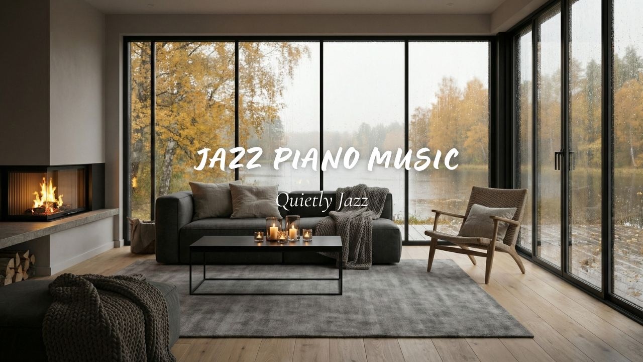 Cozy Autumn Jazz Piano Music 🍂 Fireplace Ambience & Rainy Window View