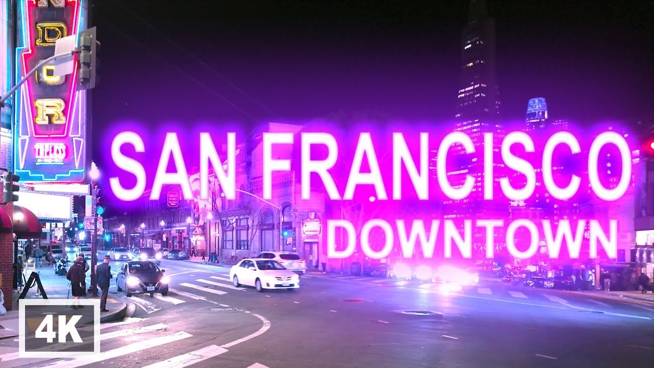 Downtown San Francisco at Night 4k Walking Tour (Market St, Union Square, Chinatown, North Beach)