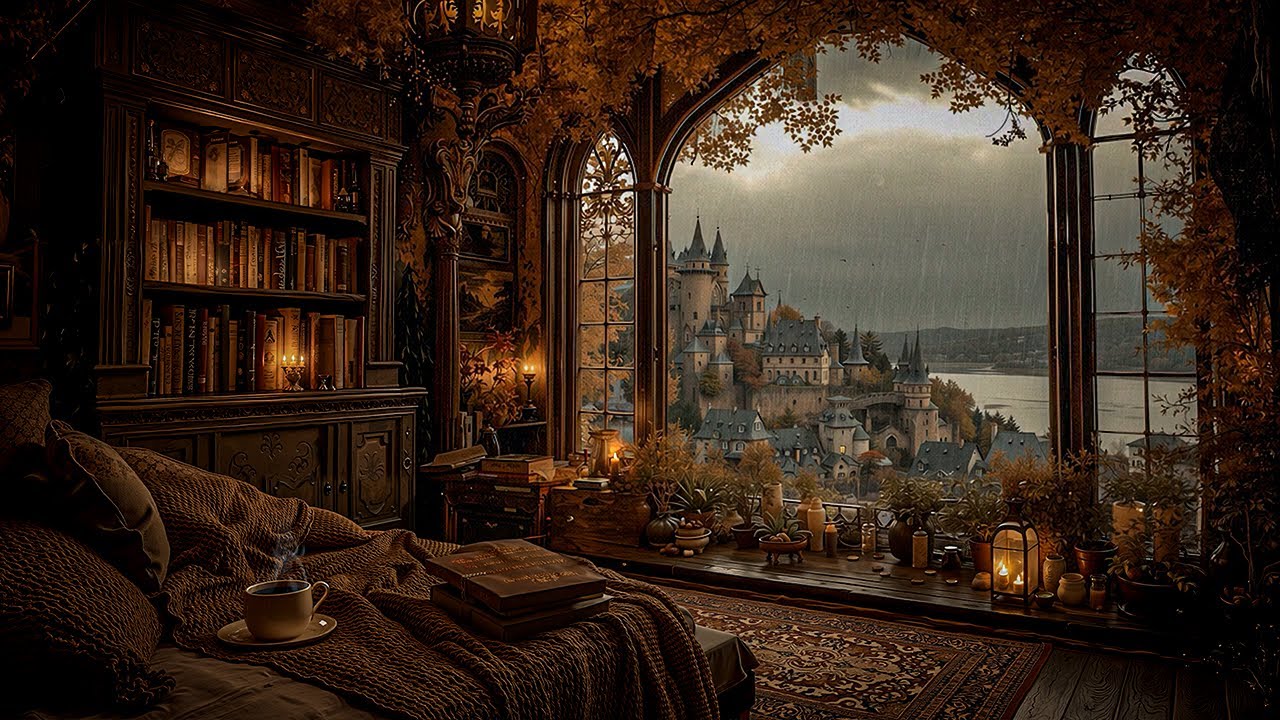A Cozy Nook Overlooking the Lakeside Medieval Town | Rainy Autumn Ambience | Dark Academia Music