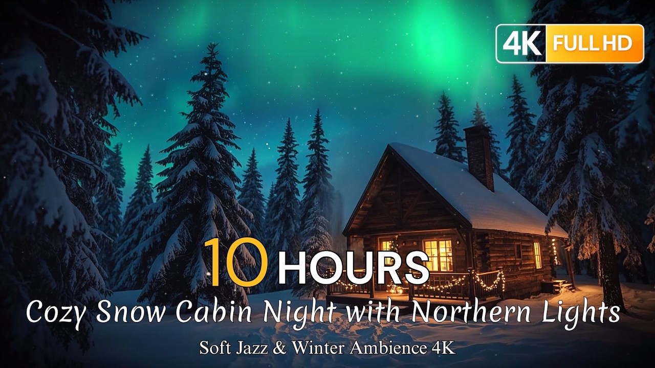 10 Hours Cozy Snow Cabin Night with Northern Lights ❄️ Soft Jazz & Winter Ambience 4K