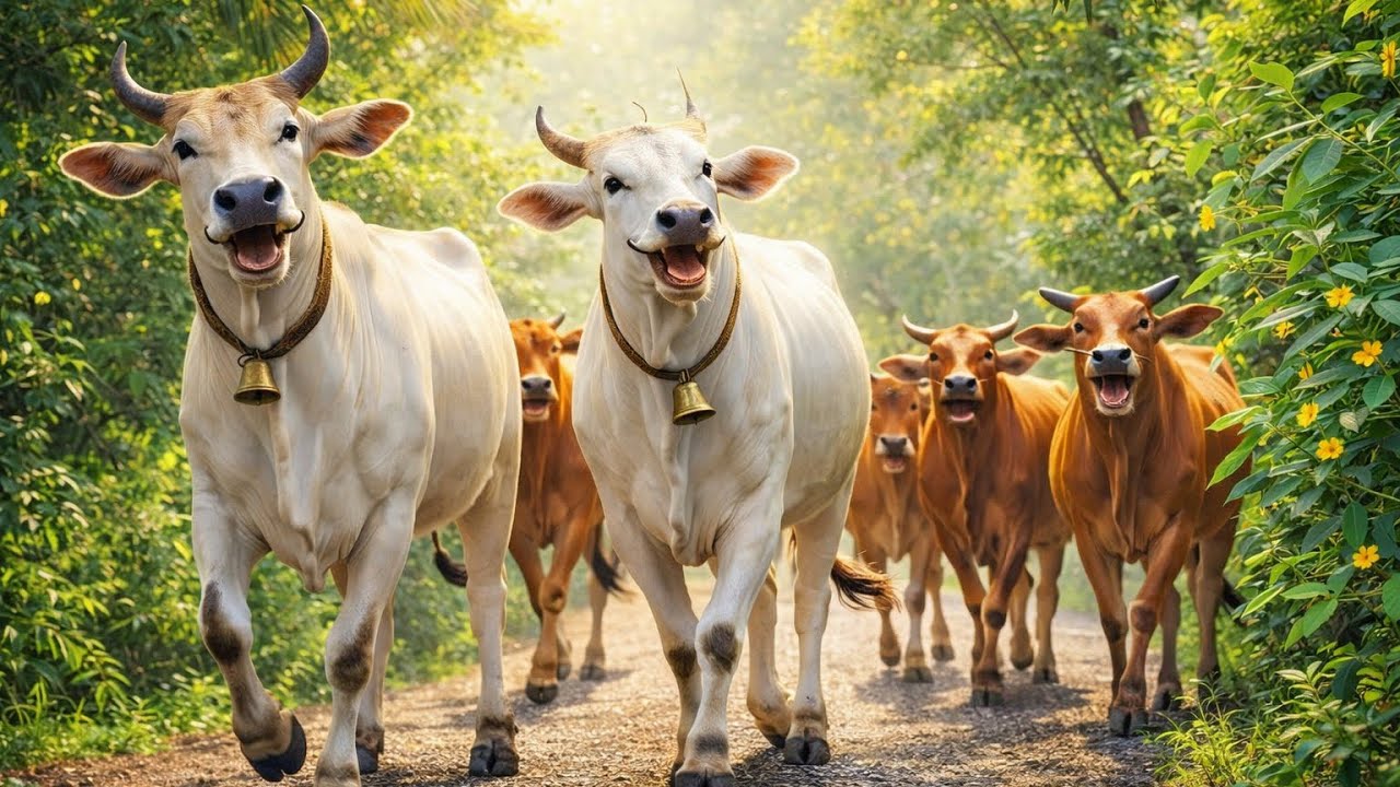 Joyful Cattle Herding Along the Peaceful Village Road