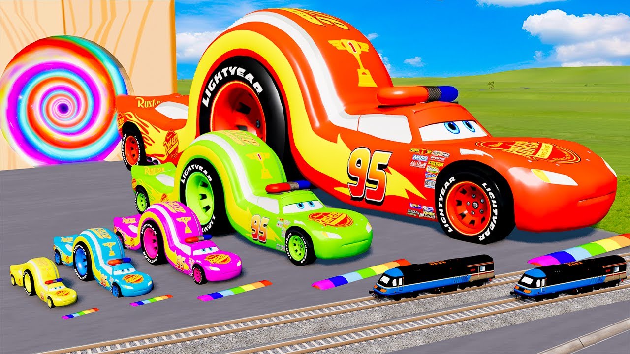 Big & Small Long Mcqueen Police with Monster Truck wheels - SPEEDBUMPS vs Funny Cars - BeamNG.drive