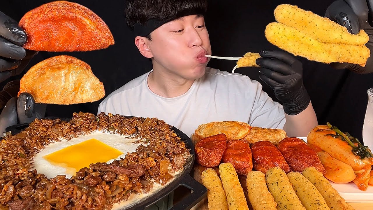 SUB) корейская еда крем чапагетти жареный рис и острые клецки, редис кимчи мукбанг асмр