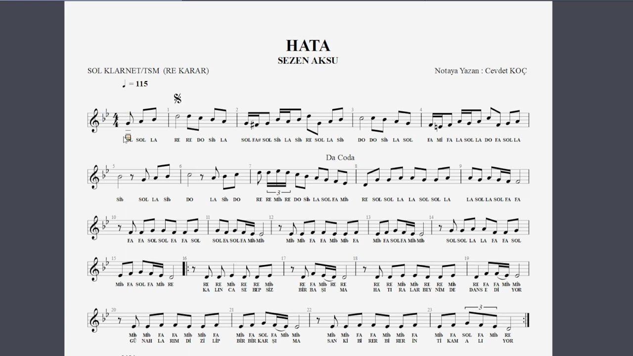SEN DE BENİM HATALARIMDAN BİRİSİN -   SEZEN AKSU NOTA SOLFEJ