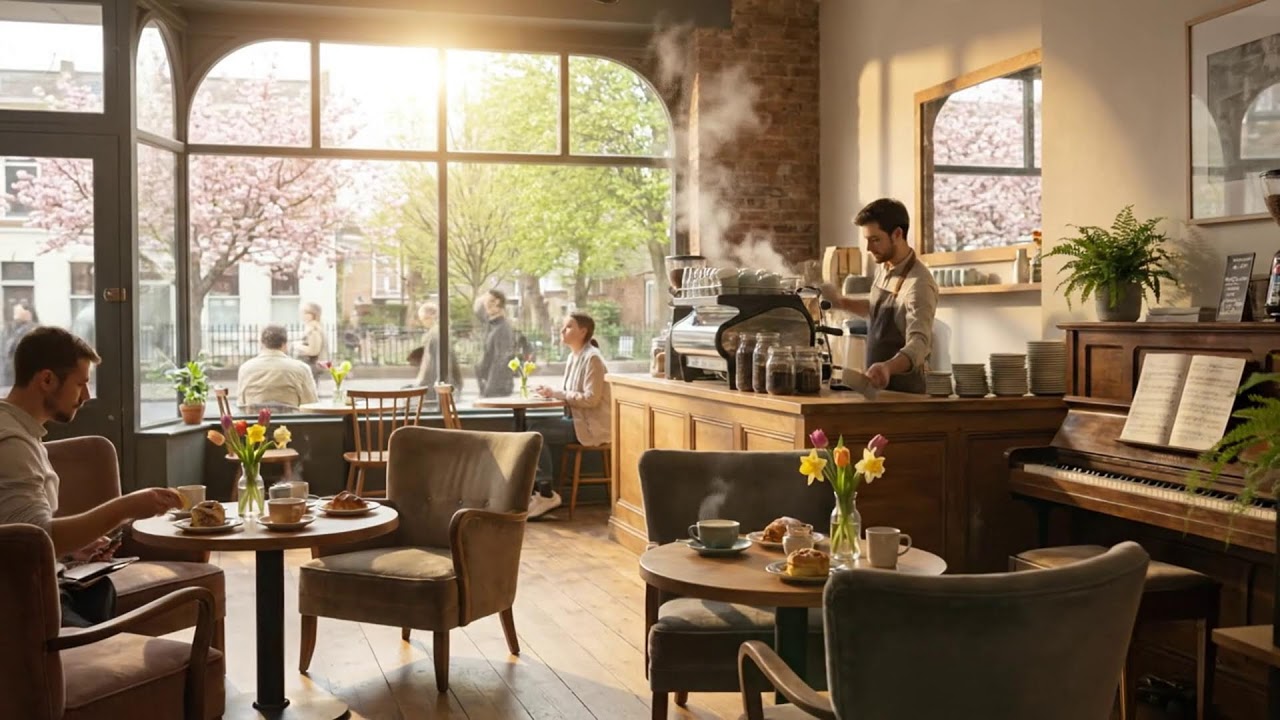 咲き誇るカフェと穏やかなピアノ 🌷☕ リラックスした朝