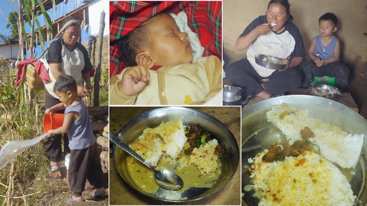 jina's lunch after duty with her children in the village || Village lunch pork curry ||