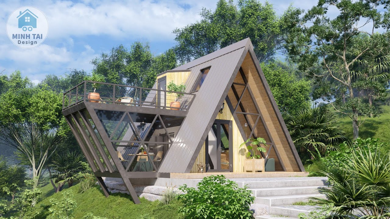 A-frame House Design 9x8m (30x26ft) | 1 Bedroom House Plans (MTD18)