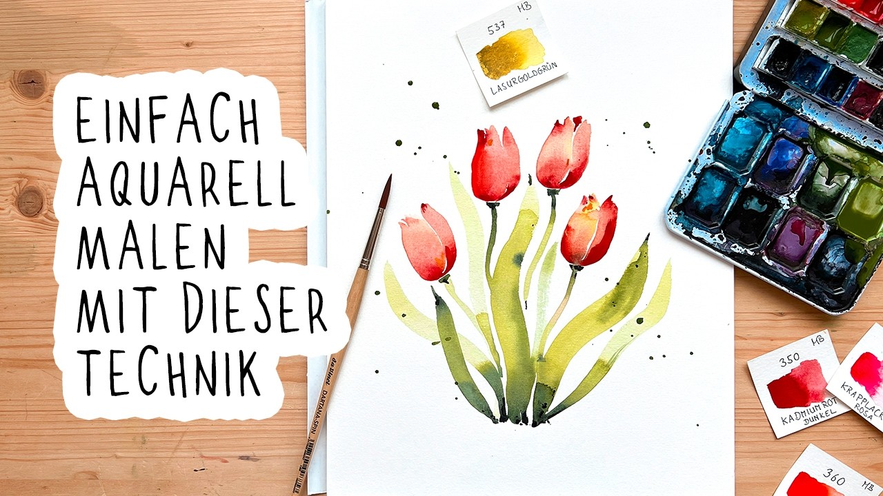 Aquarell Tulpen malen mit 2-Strich Pinseltechnik