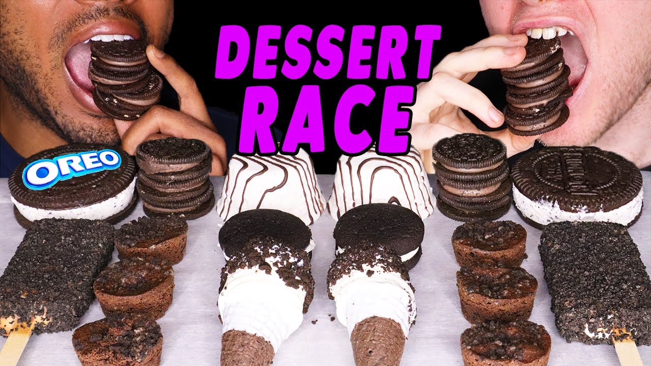 ASMR OREO DESSERT RACE! *OREO ICE CREAM SANDWICH, OREO COOKIES AND CREME BAR* | EATING SOUNDS