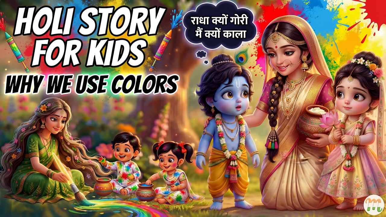 Holi Story for Kids | Why We Use Colors: Radha Krishna (🦚) & The Magic of Spring (🌸) | Manutopia