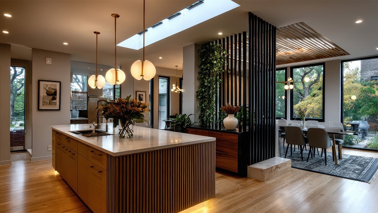 Seamless Contemporary Kitchen and Dining Indoor Skylight Garden Inspired by West Elm Furniture