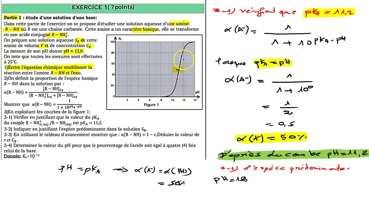 2 Bac biof exercice réaction acido-basique diagramme de distribution