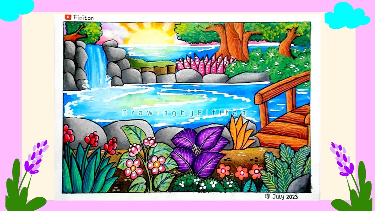 CARA MENGGAMBAR AIR TERJUN DAN PEMANDANGAN INDAH ( GRADASI WARNA OILPASTEL EP 434 )