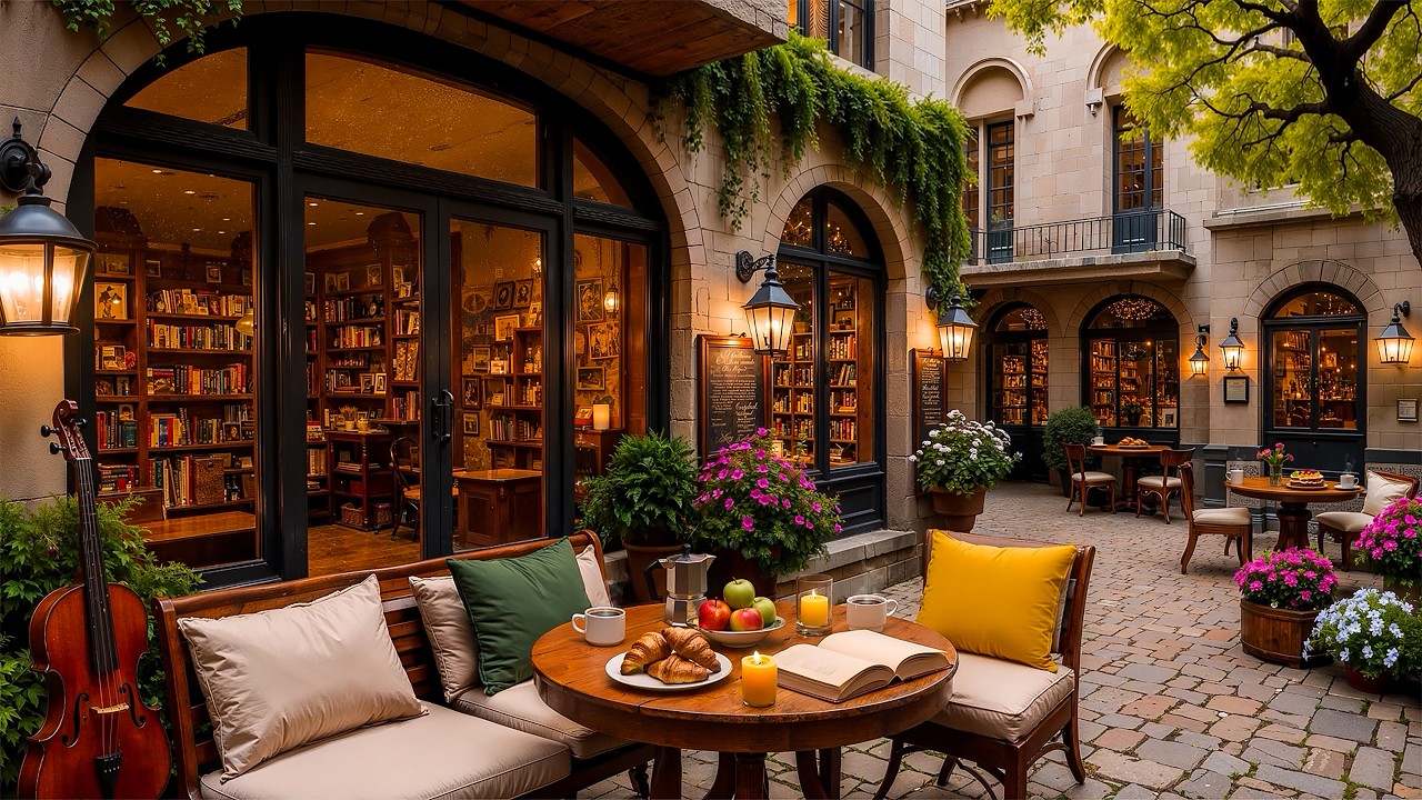 Warm Outdoor Library Caf&eacute; Jazz 🌿 Relaxing European Ambience for Study & Coffee Time