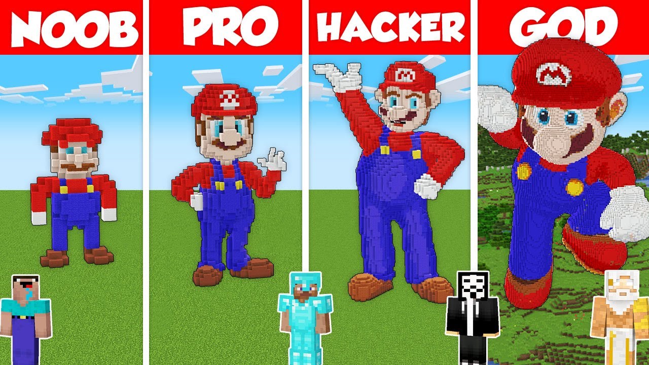 SUPER MARIO STATUE BUILD CHALLENGE - Minecraft Battle: NOOB vs PRO vs HACKER vs GOD / Animation
