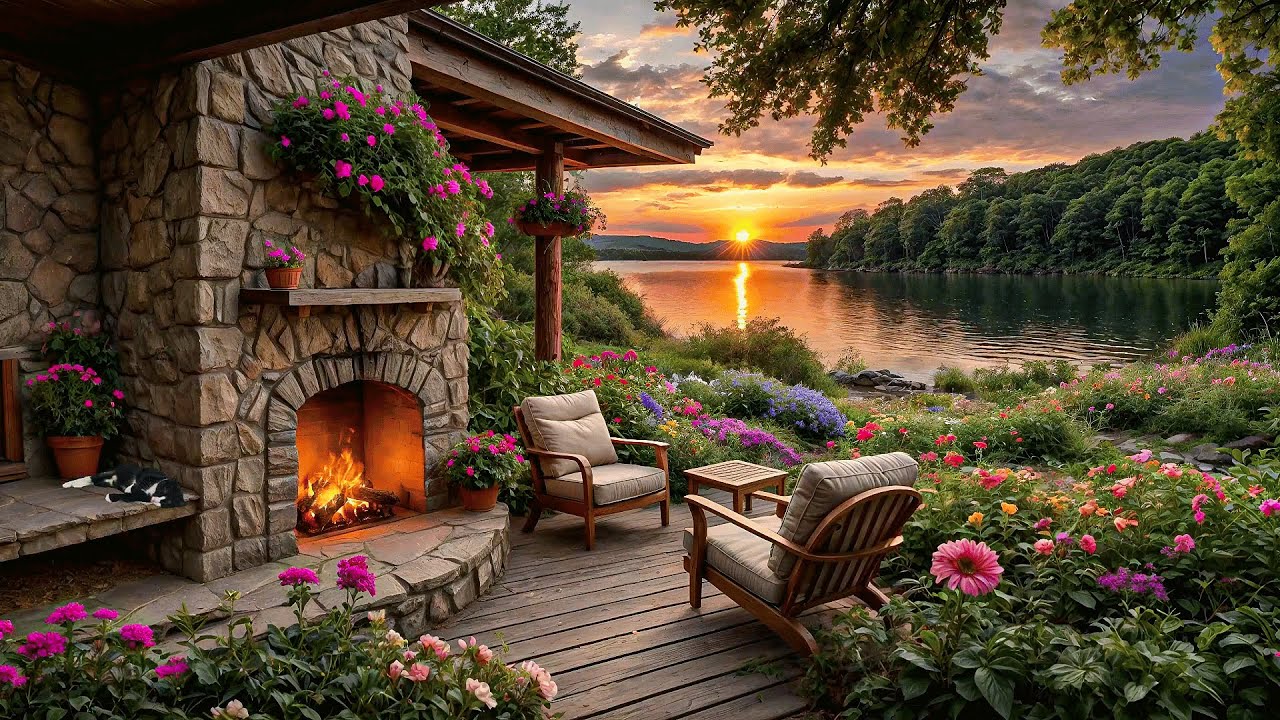 Cozy Summer Morning: Wake Up to a Peaceful Lake View with Crackling Fire & Birds Songs