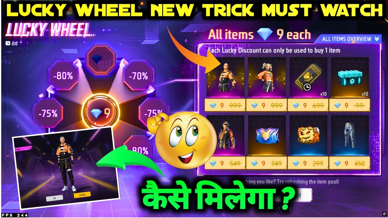 LUCKY WHEEL 9 DIAMOND FREE FIRE NEW EVENT FF ALL ITEMS DISCOUNT PURCHASED IN 99 SPIN TODAY