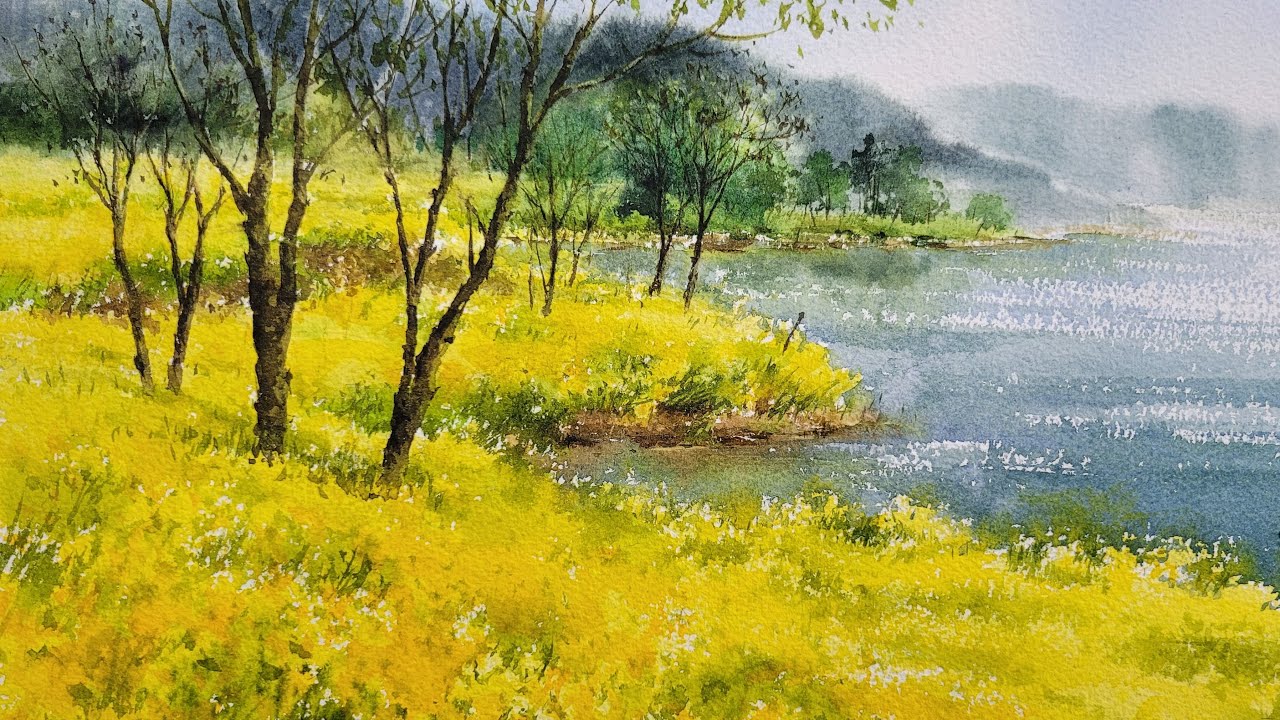 유채꽃 노랑 봄물결  / A wave of yellow flowers [풍경 수채화/Watercolor landscape]
