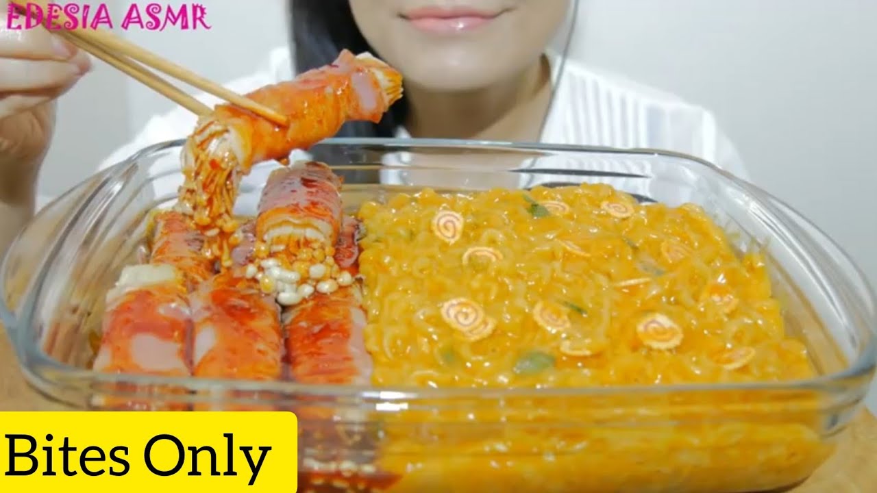 BITES ONLY Cheesy Fire Noodle and Bacon Wrapped Enoki // EDESIA ASMR