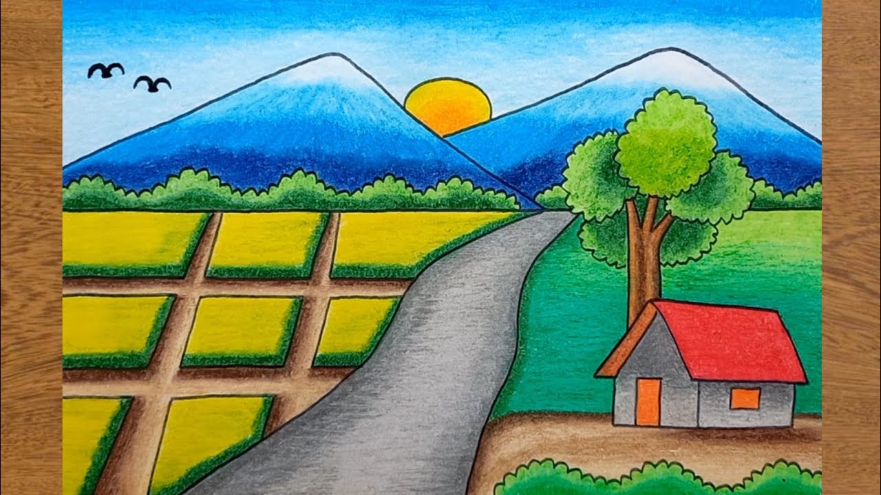 Cara Menggambar Pemandangan Gunung dan Sawah yang Mudah | How to draw easy rice field scenery
