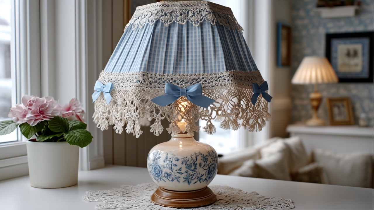 DIY Vintage Gingham Lampshades Using Thrifted Bases For Soft Spring Cottage Glow