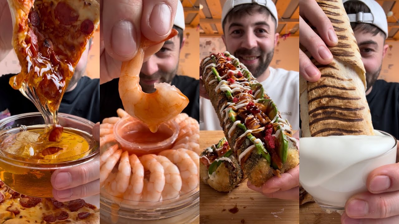 ASMR MUKBANG SUSHI BURITO FIRE NOODLESFRIED CHIKENCHEESE BURGER SEAFOOD ICECREAM