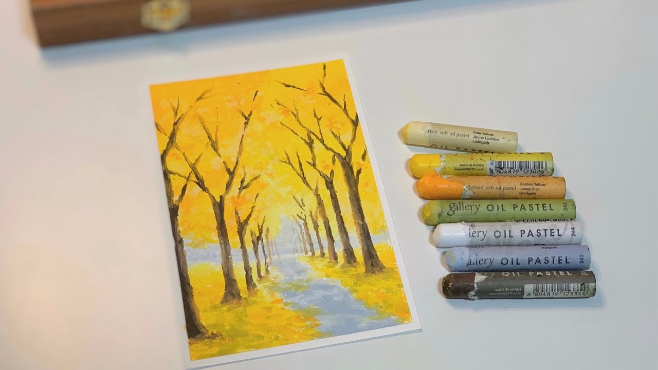 오일파스텔 초보, 은행나무 길 가을 풍경 그리기/ Drawing ginkgo road with Oil pastel