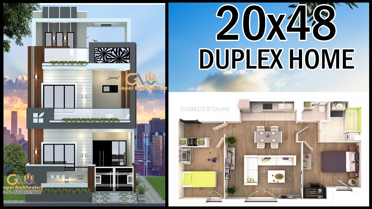 20X48 3BHK Duplex House Design, 20*48 Luxury House Plan, Gopal Architecture
