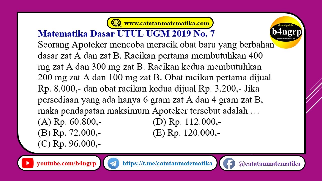 No.7 Pembahasan UTUL UGM 2019 Kode 633 Matematika Dasar | Program Linear | Latihan Utul UGM 2020
